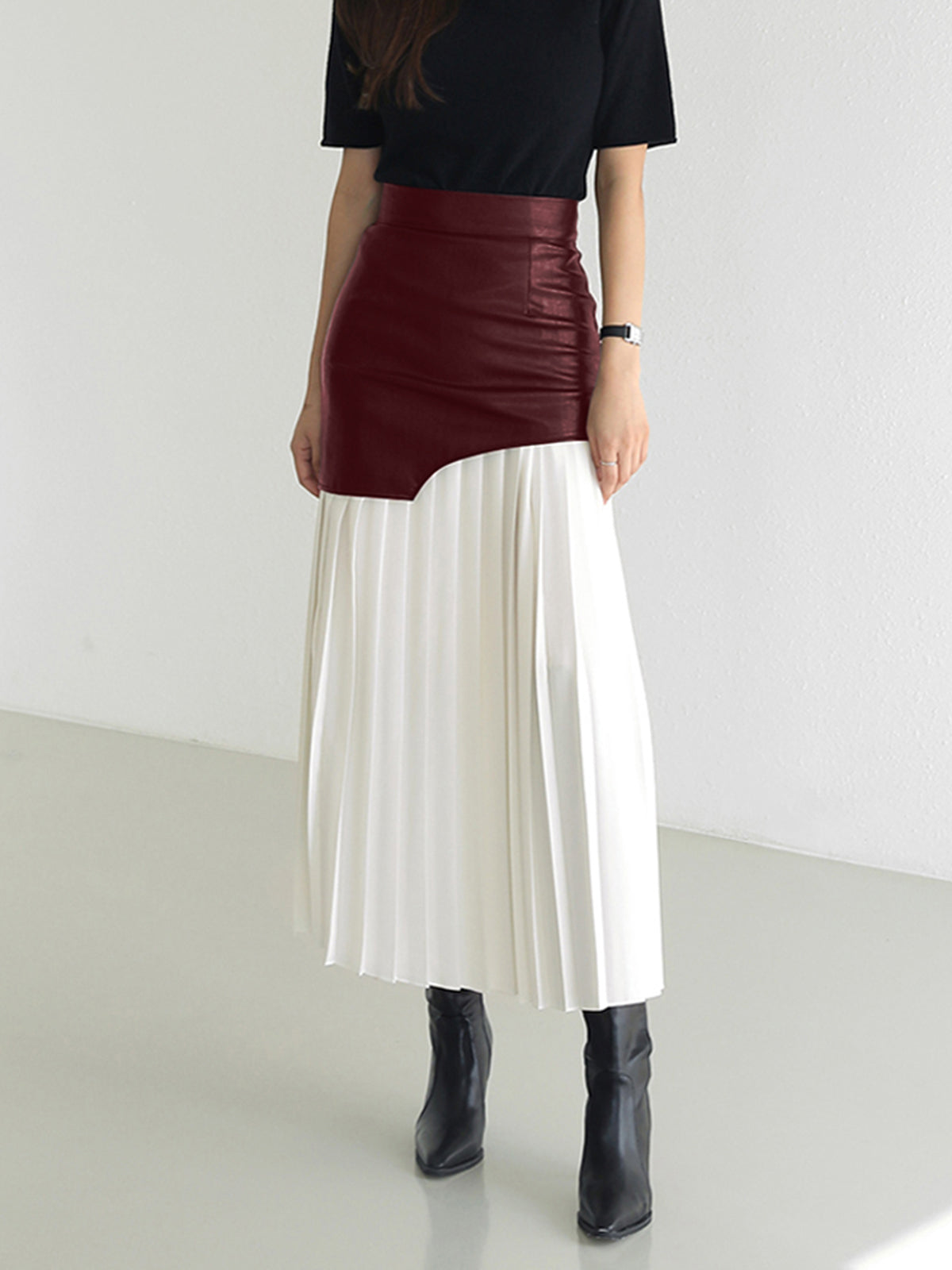 Asymmetric Patchwork Faux Leather Chiffon Pleated Midi Skirt Modehuis-Nederland