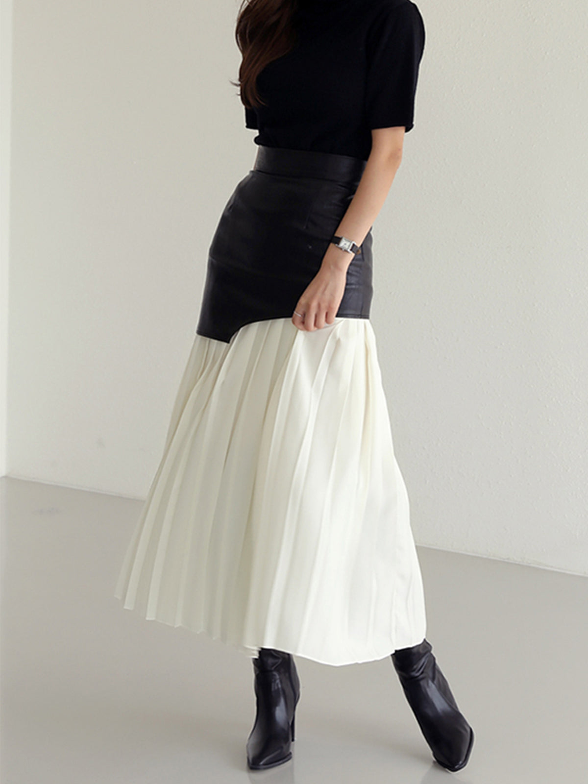 Asymmetric Patchwork Faux Leather Chiffon Pleated Midi Skirt Modehuis-Nederland