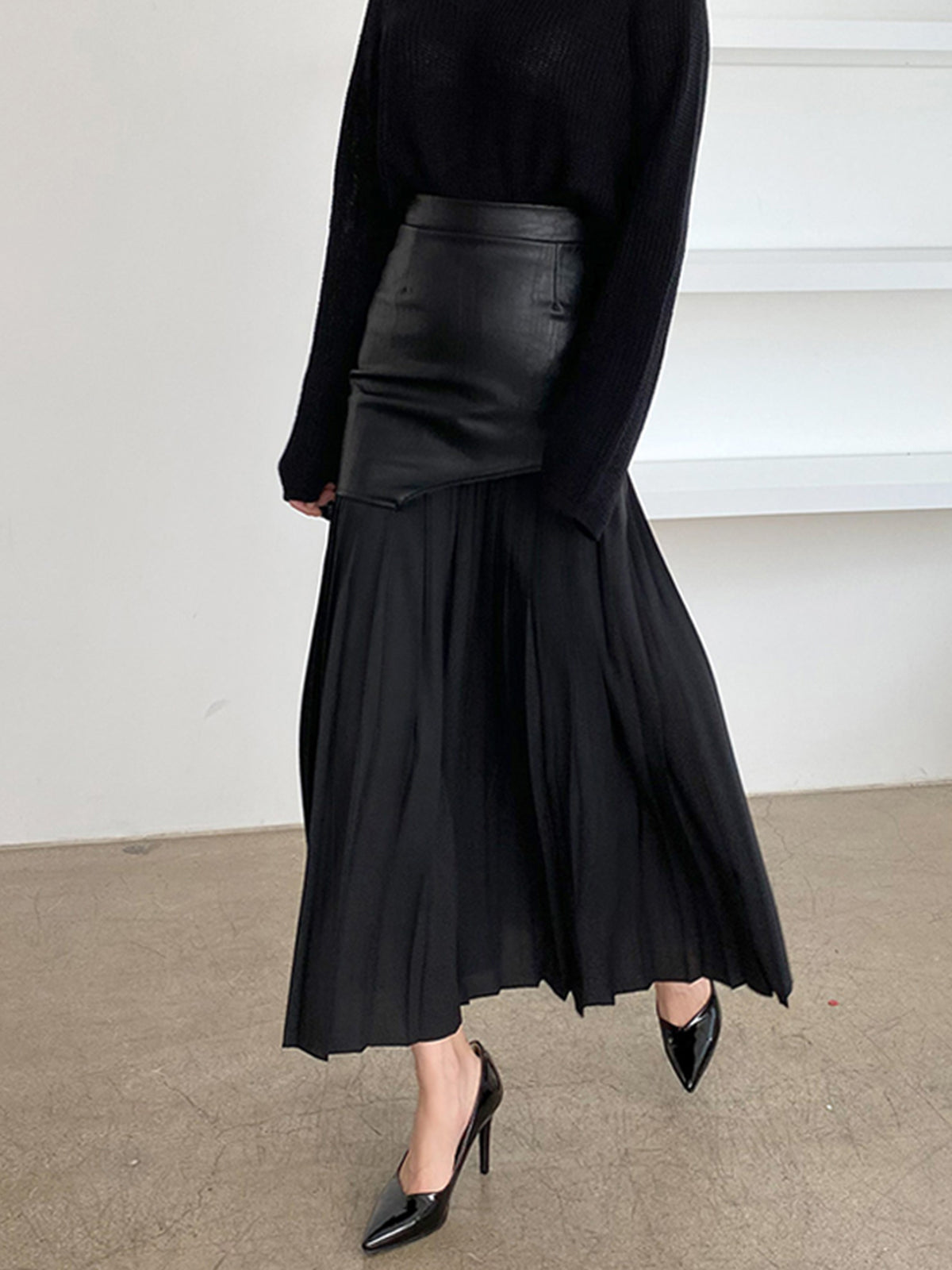 Asymmetric Patchwork Faux Leather Chiffon Pleated Midi Skirt Modehuis-Nederland