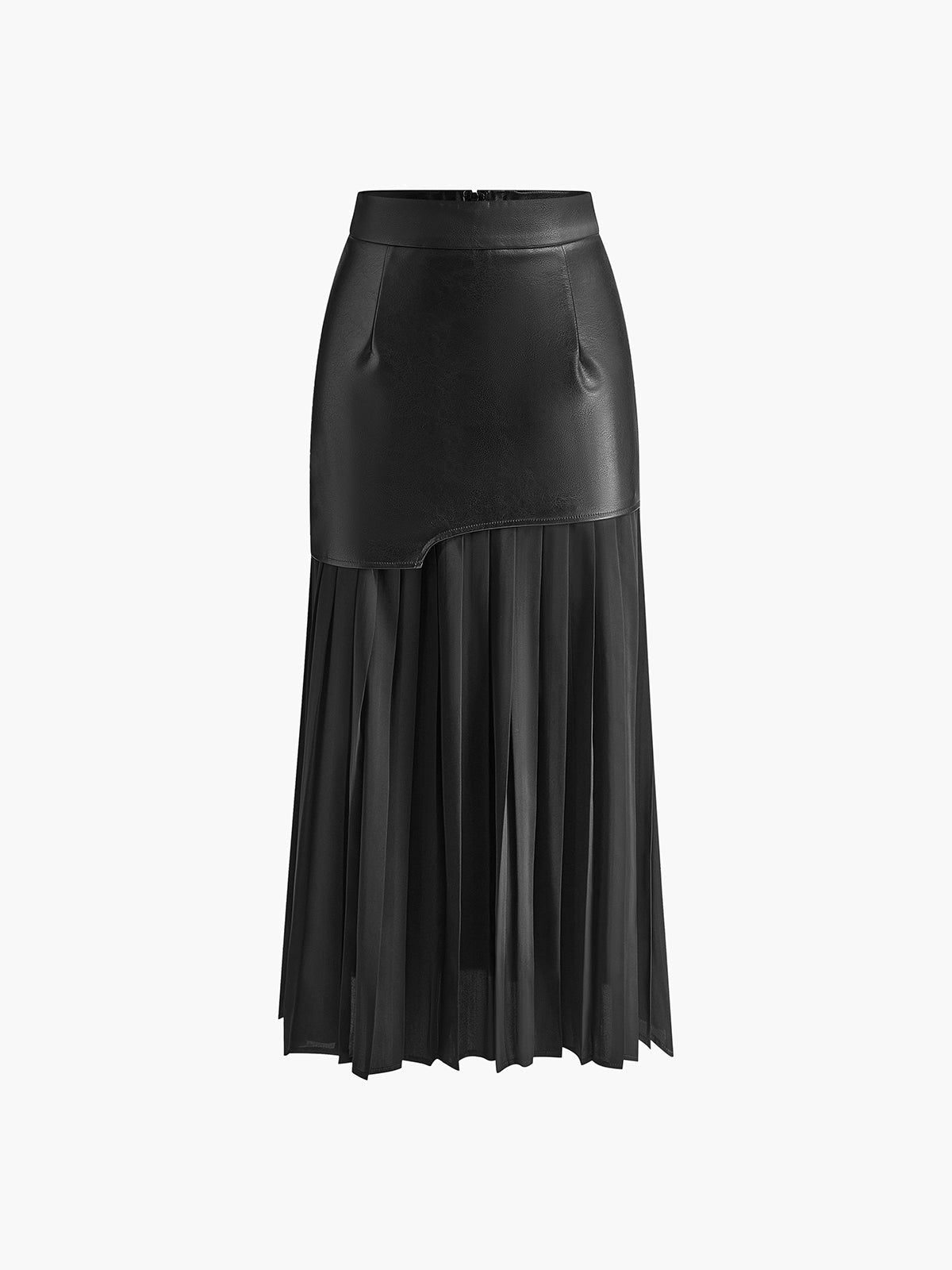 Asymmetric Patchwork Faux Leather Chiffon Pleated Midi Skirt Modehuis-Nederland