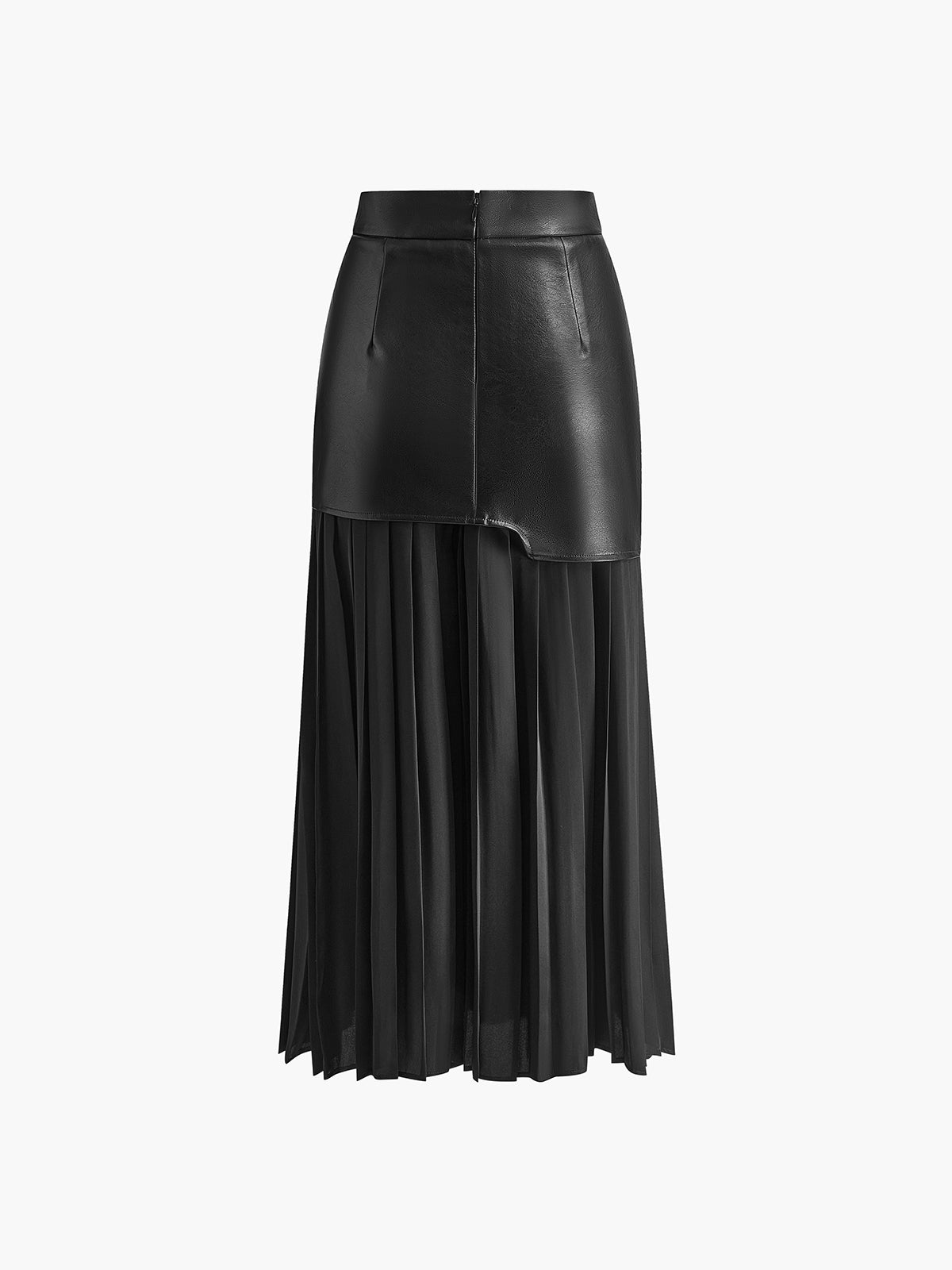 Asymmetric Patchwork Faux Leather Chiffon Pleated Midi Skirt Modehuis-Nederland