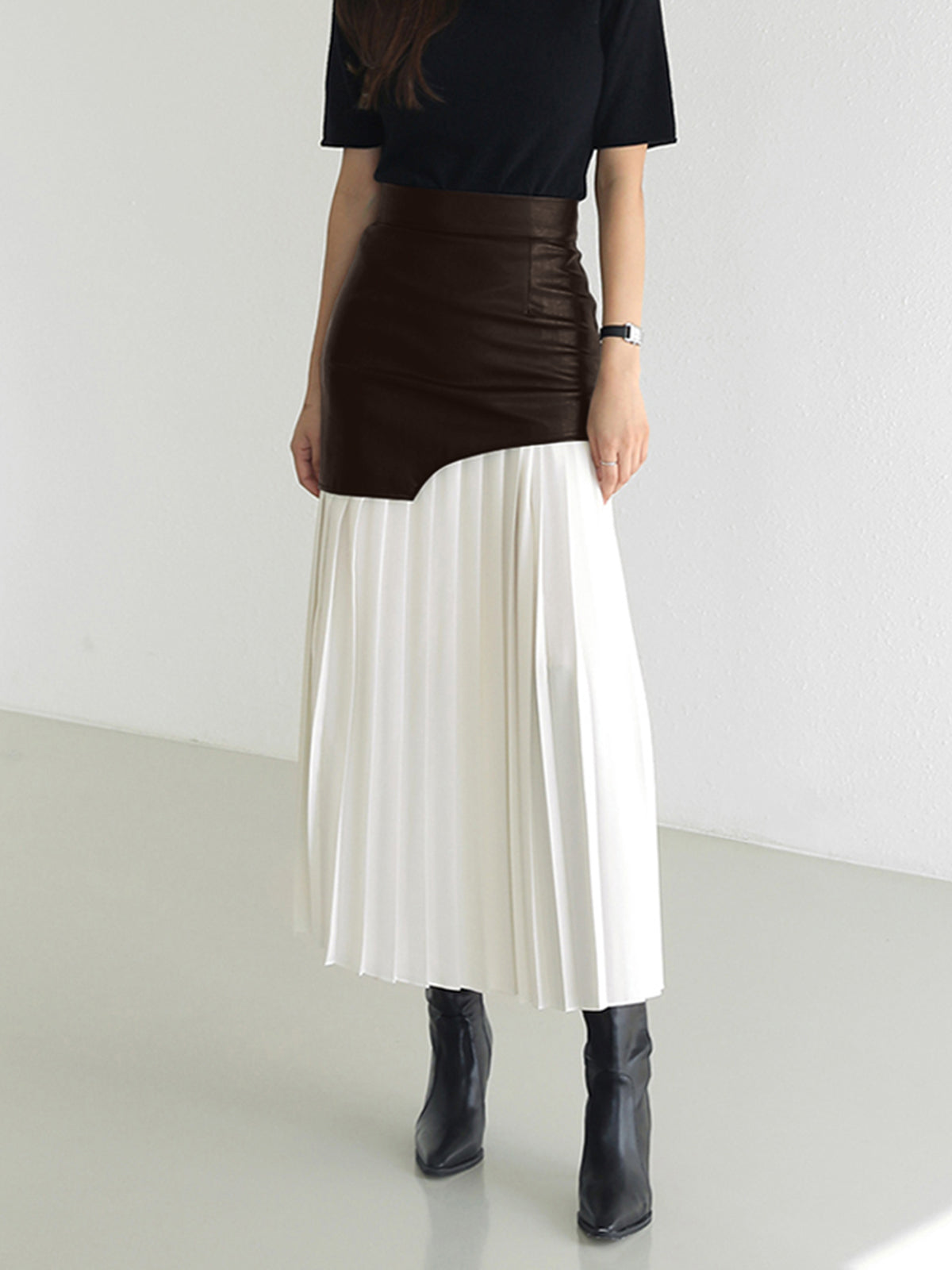 Asymmetric Patchwork Faux Leather Chiffon Pleated Midi Skirt Modehuis-Nederland