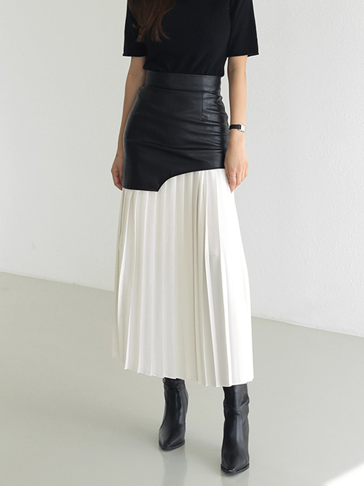 Asymmetric Patchwork Faux Leather Chiffon Pleated Midi Skirt Modehuis-Nederland