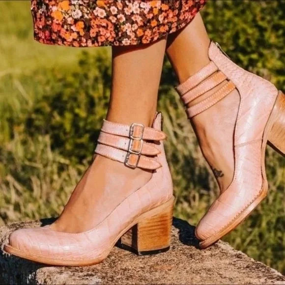 Antonia - Vintage Leren Open Blokhakken met Enkelbandjes Modehuis-Nederland