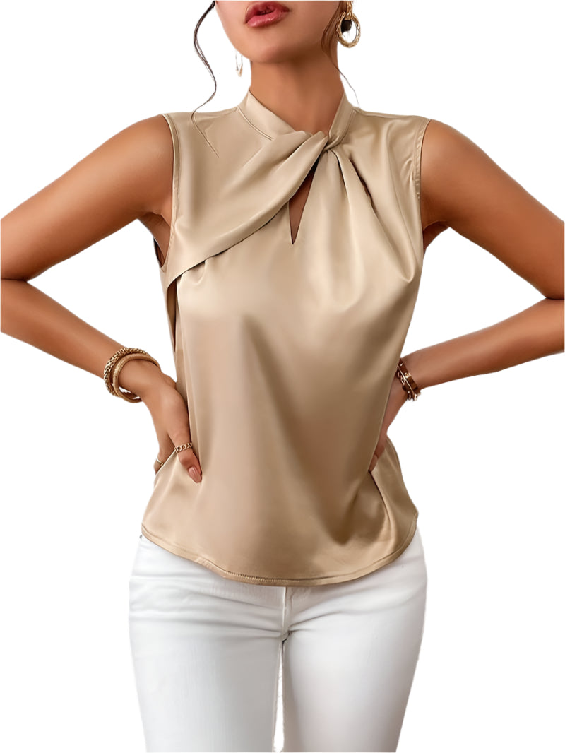 Dames Blouse - Elegante Satijnen - Mouwloze Blouse - Gedraaide Hals Modehuis-Nederland