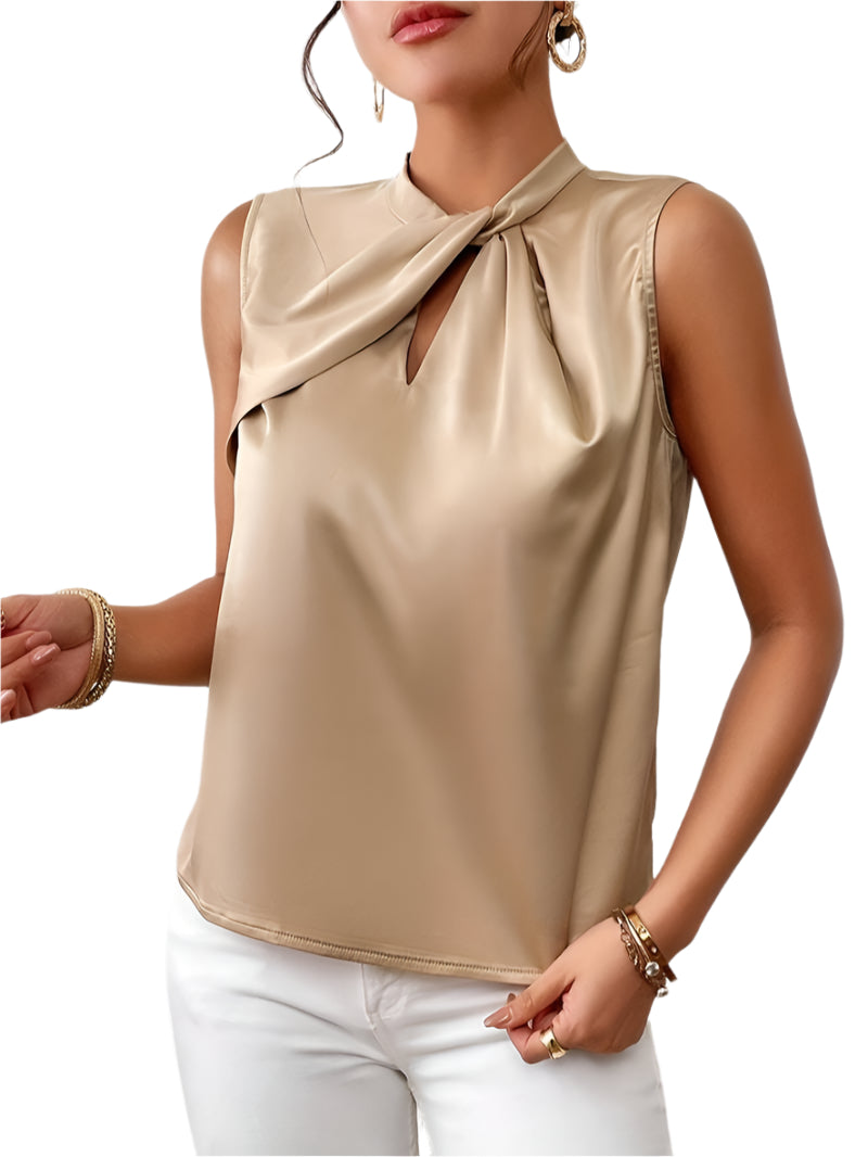 Dames Blouse - Elegante Satijnen - Mouwloze Blouse - Gedraaide Hals Modehuis-Nederland