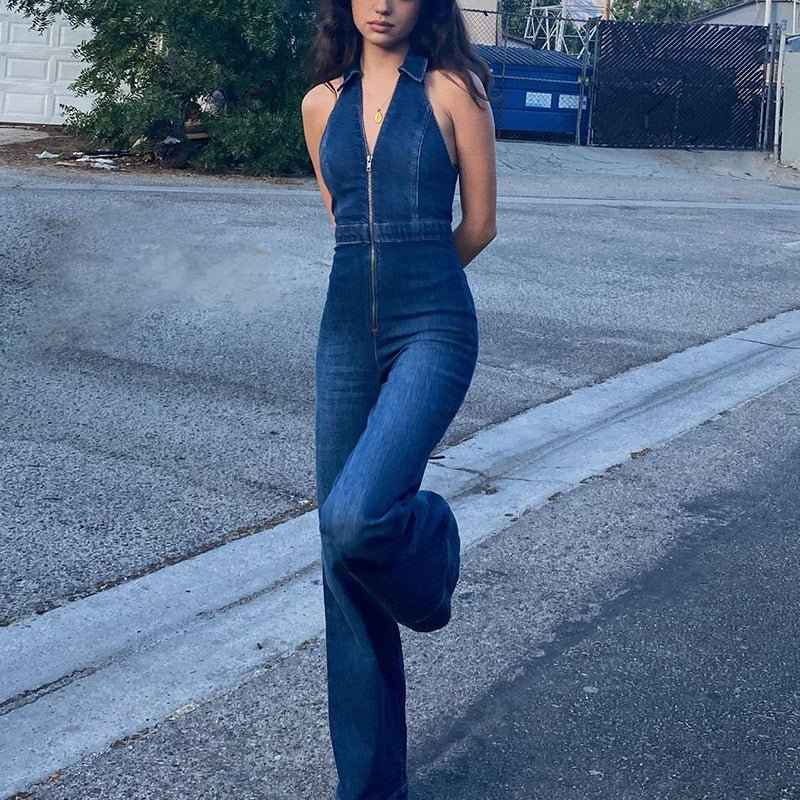 Nina – Denim-Jumpsuit mit Neckholder und Reißverschluss in dunkler Waschung Modehuis-Nederland