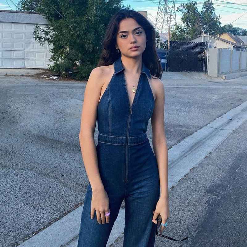 Nina – Denim-Jumpsuit mit Neckholder und Reißverschluss in dunkler Waschung Modehuis-Nederland