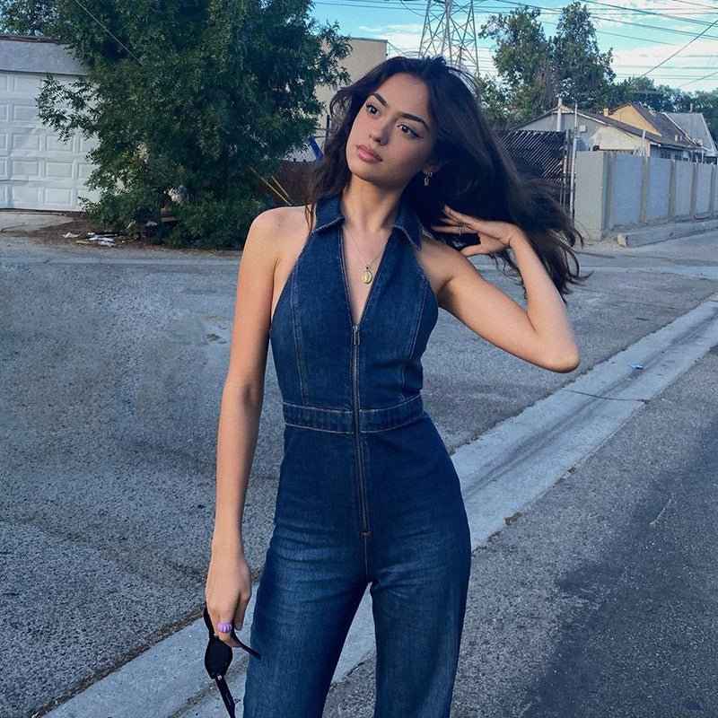 Nina – Denim-Jumpsuit mit Neckholder und Reißverschluss in dunkler Waschung Modehuis-Nederland