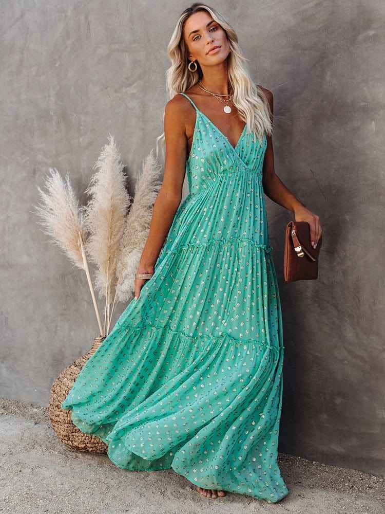 Lyra – Maxikleid mit Blumenmuster, Spaghettiträgern und Stufenrock Modehuis-Nederland