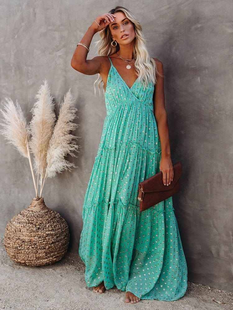 Lyra – Maxikleid mit Blumenmuster, Spaghettiträgern und Stufenrock Modehuis-Nederland