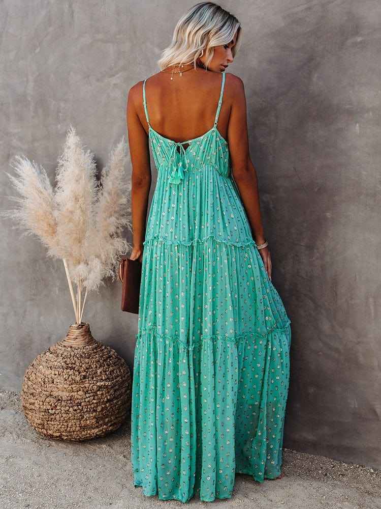 Lyra – Maxikleid mit Blumenmuster, Spaghettiträgern und Stufenrock Modehuis-Nederland