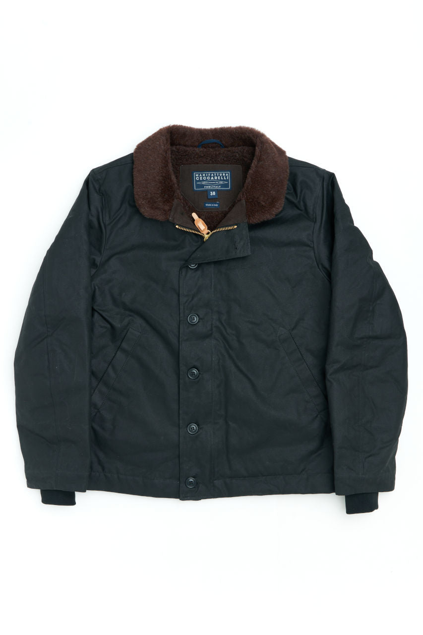 Manifattura Ceccarelli Waxed Deck Jacket Wool Teddy Fur Black Modehuis-Nederland