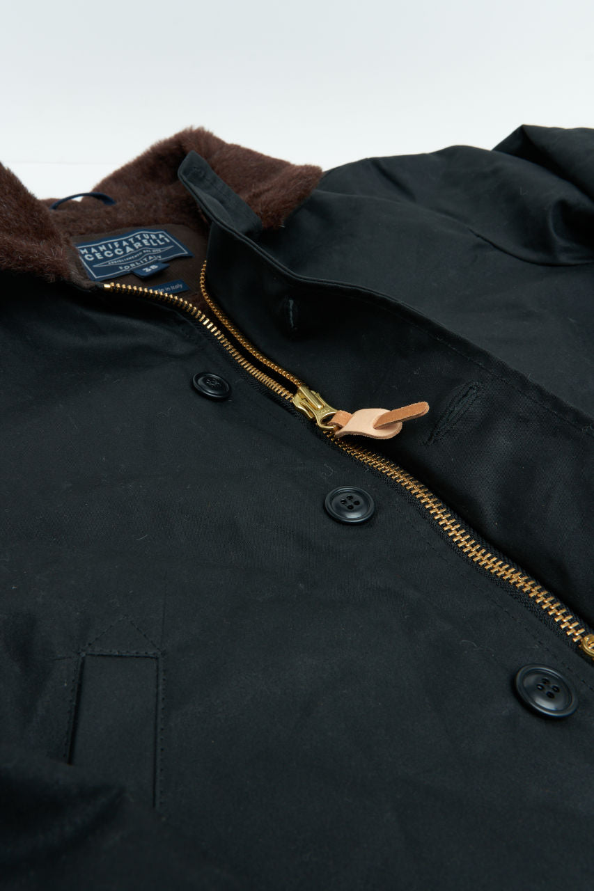 Manifattura Ceccarelli Waxed Deck Jacket Wool Teddy Fur Black Modehuis-Nederland
