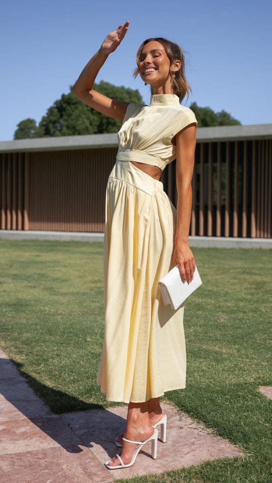 Elina – Midikleid mit Cut-Outs, Stehkragen und eleganter Taillierung Modehuis-Nederland