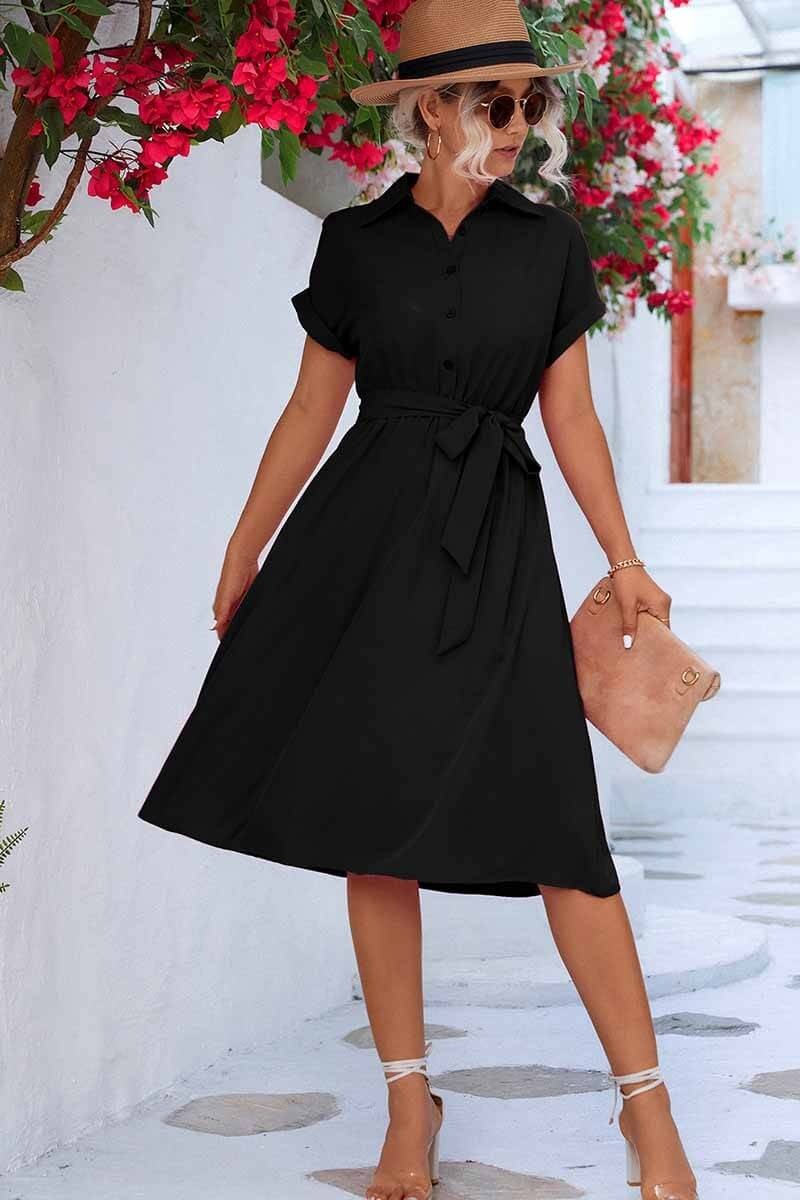 Cuffed Short Sleeve Belted Shirt Dress Modehuis-Nederland