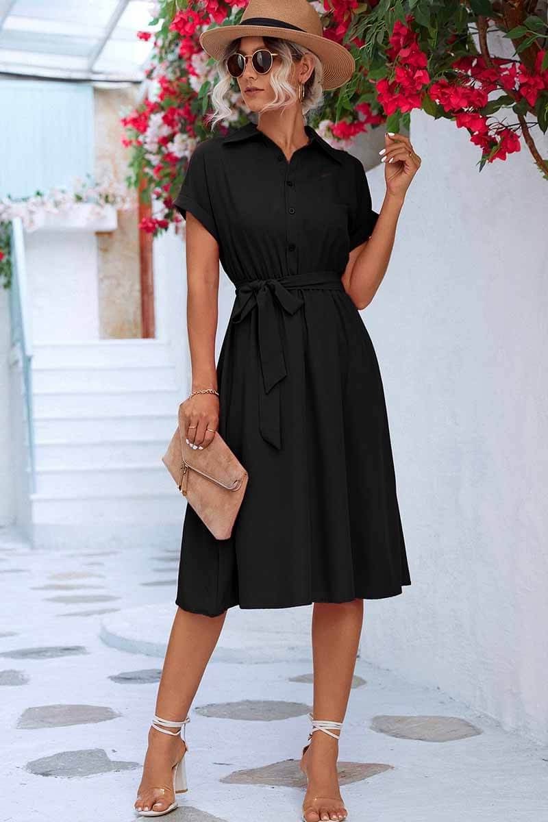 Cuffed Short Sleeve Belted Shirt Dress Modehuis-Nederland