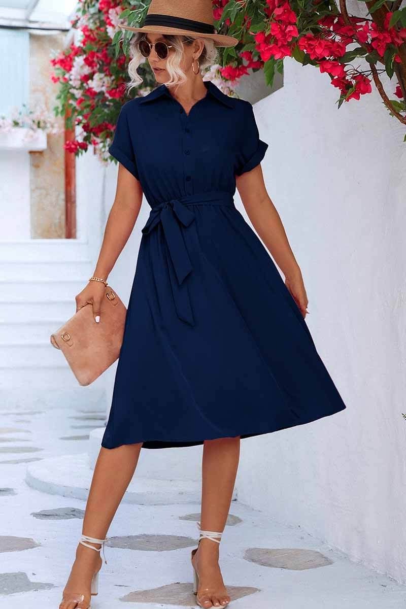 Cuffed Short Sleeve Belted Shirt Dress Modehuis-Nederland
