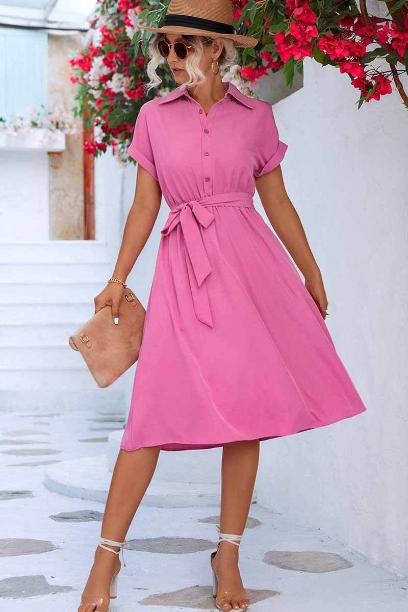 Cuffed Short Sleeve Belted Shirt Dress Modehuis-Nederland