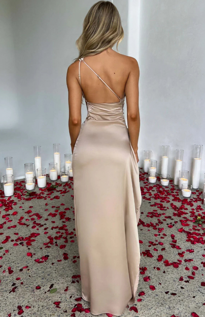 Eva | Geplooide Satijnen Dames Splitjurk met één schouder | Elegante Jurk Modehuis-Nederland