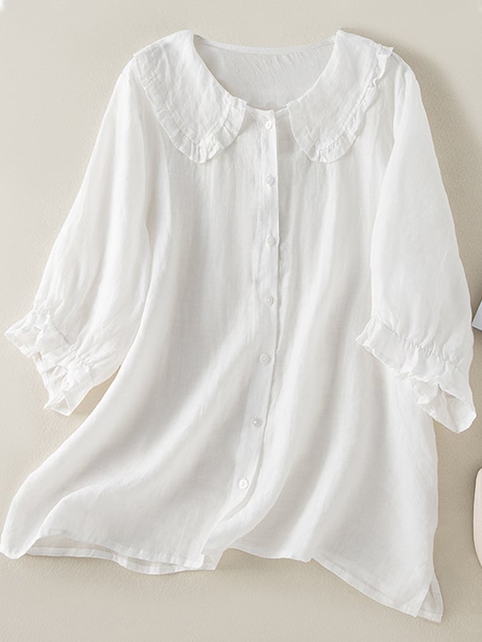 Women's cotton linen loose peter pan ruffles neck shirt Modehuis-Nederland