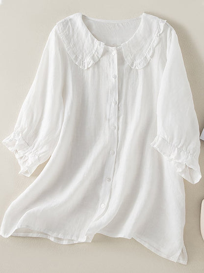 Women's cotton linen loose peter pan ruffles neck shirt Modehuis-Nederland