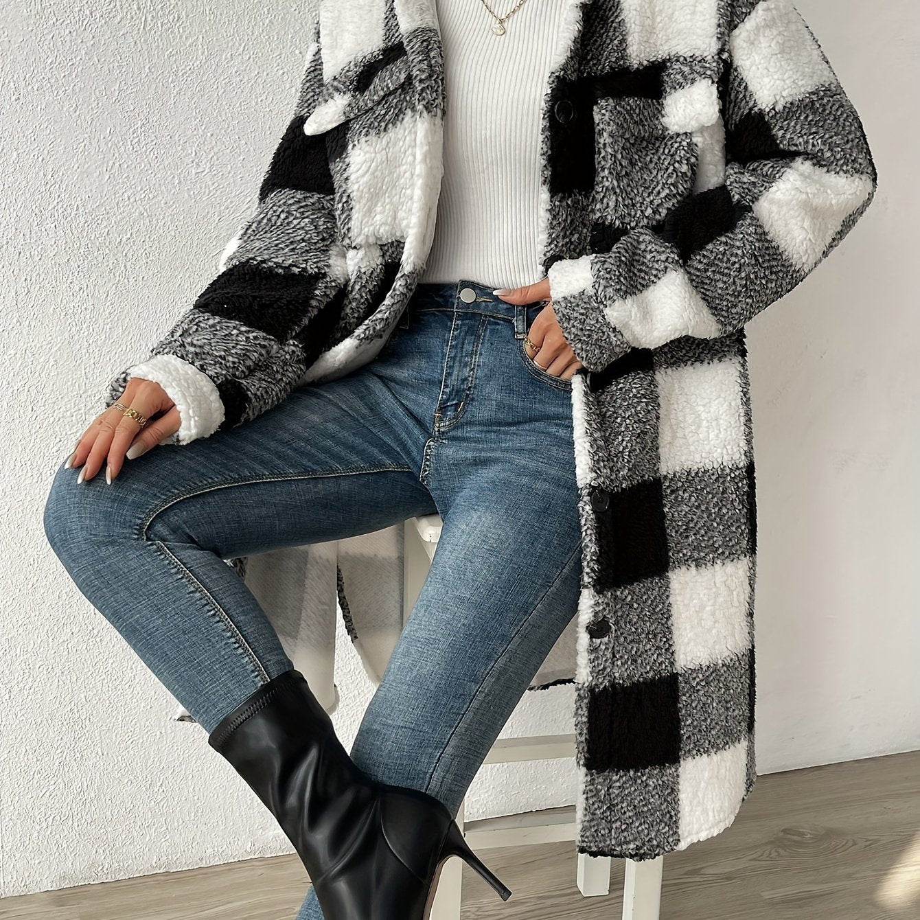 Karierter Damen-Teddy-Mantel | Warme Modehuis-Nederland