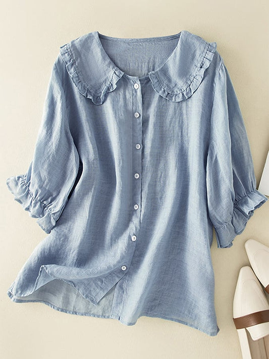 Women's cotton linen loose peter pan ruffles neck shirt Modehuis-Nederland