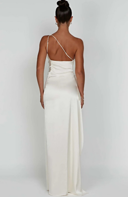 Eva | Geplooide Satijnen Dames Splitjurk met één schouder | Elegante Jurk Modehuis-Nederland