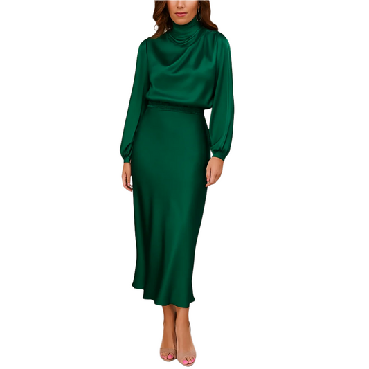 Dames elegante midi-jurk met lange mouwen en tailleaccent