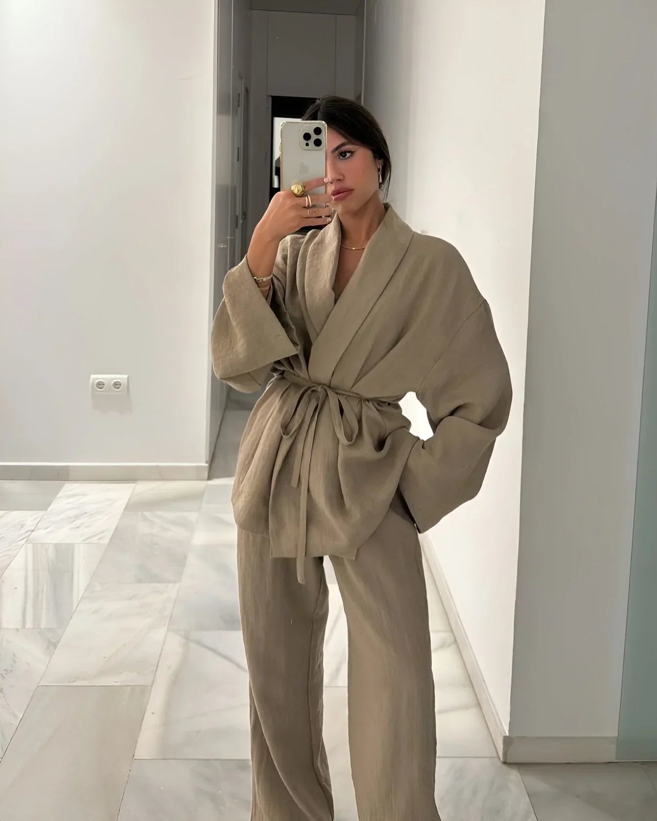 Dames kimono set met open jasje en rechte broek