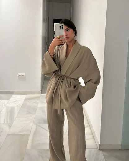 Dames kimono set met open jasje en rechte broek