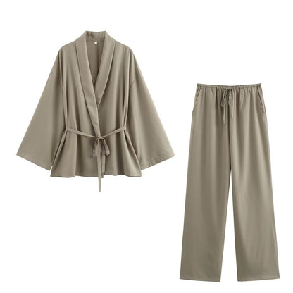 Dames kimono set met open jasje en rechte broek