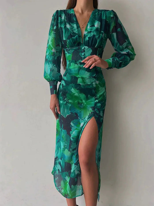 Women's Maxi Dress - Elegant Long Sleeve - Flowy Pleated Design - V-Neck Formal Wear Modehuis-Nederland