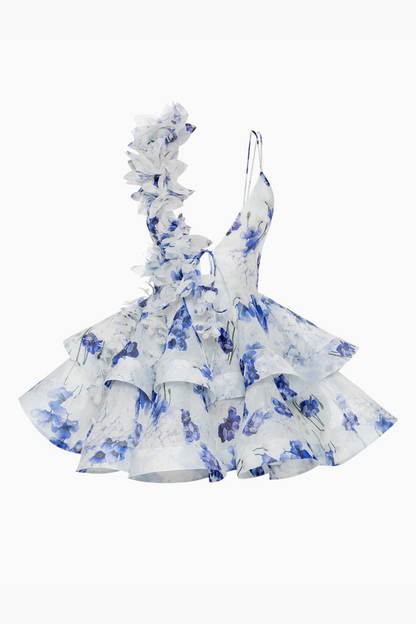 Dames one shoulder jurk met bloemen en diepe halslijn