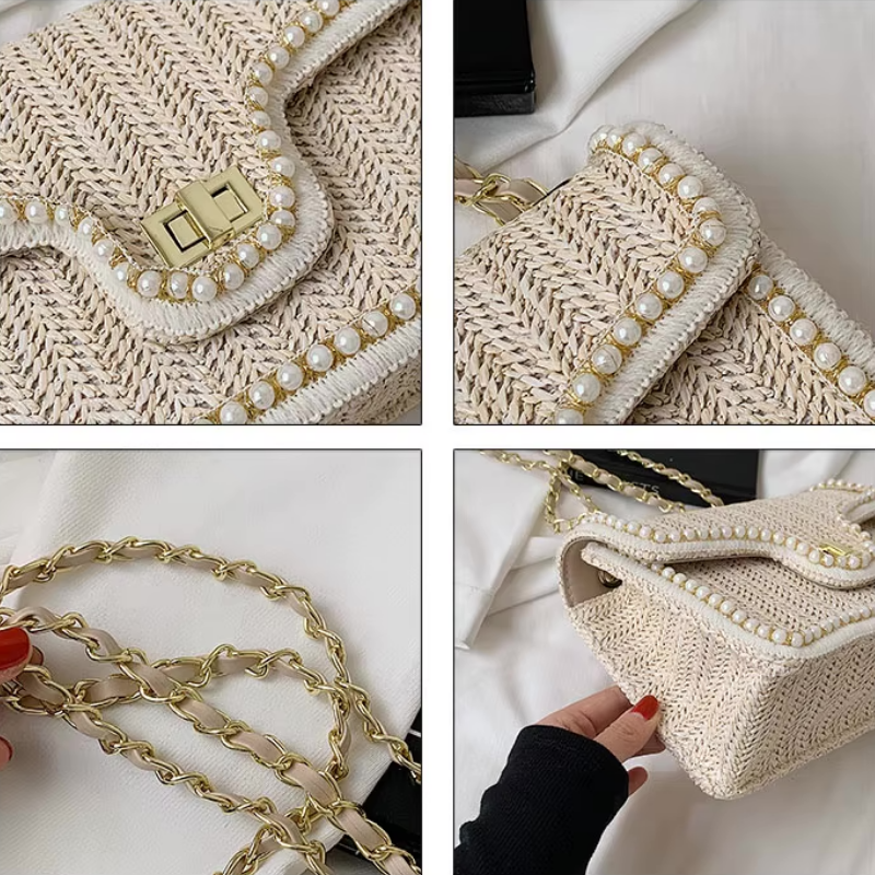 Dames schoudertas met gevlochten textuur en goudkleurige ketting