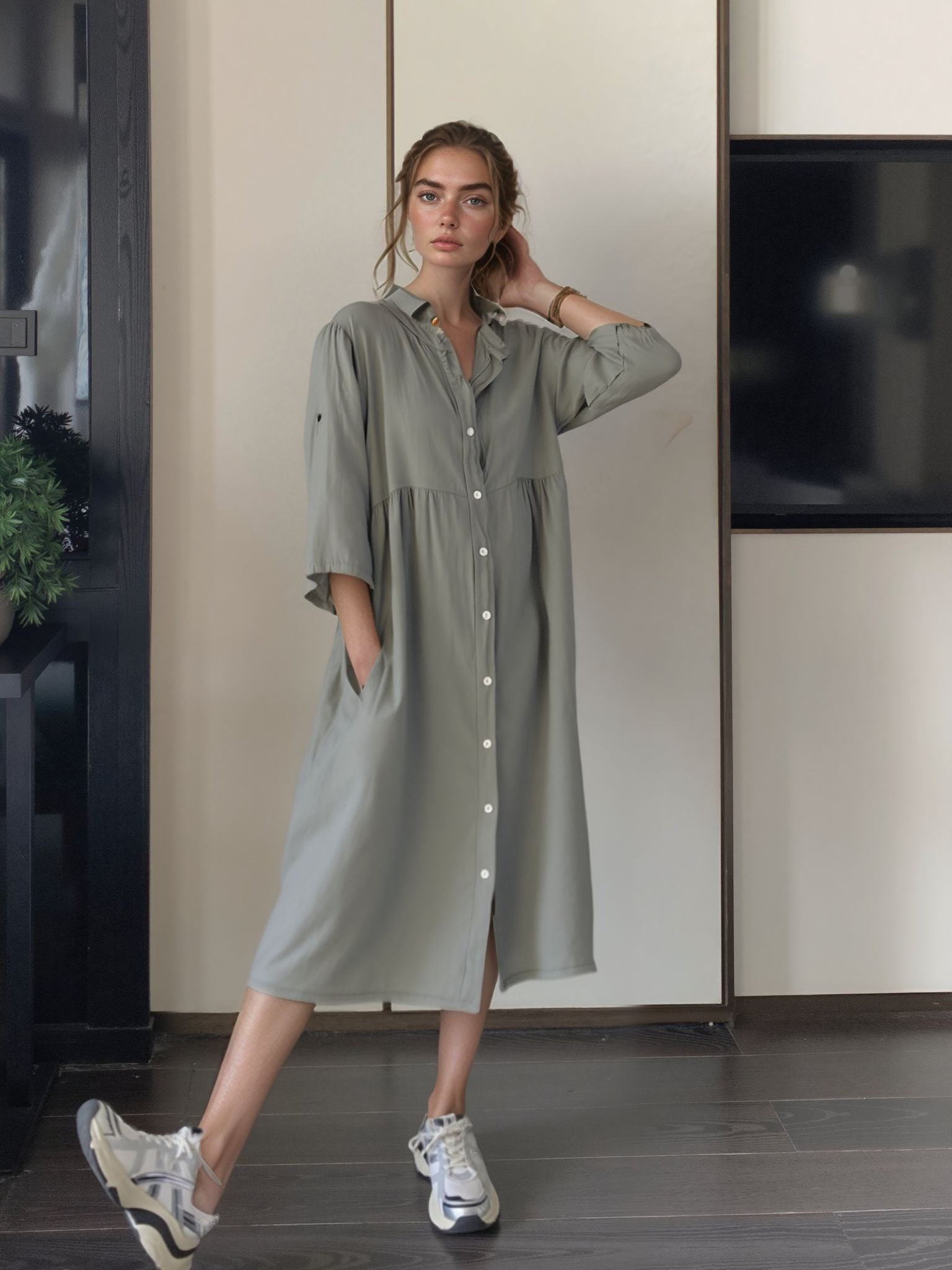 Knoop midi-jurk | Mouwen tot de elleboog Modehuis-Nederland