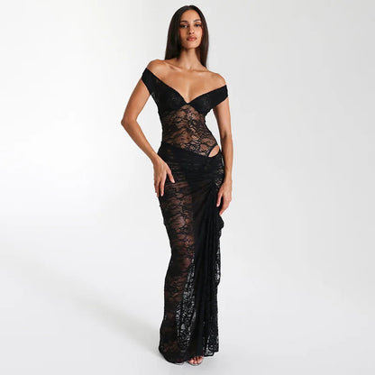 Ellen | Luxe off-shoulder kanten avondjurk met drapering Modehuis-Nederland