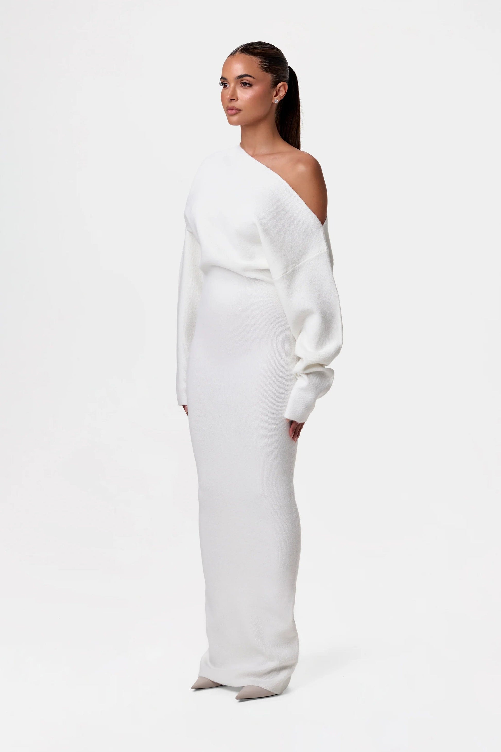 Off-shoulder gebreide maxi jurk met stretch – Elenya Modehuis-Nederland
