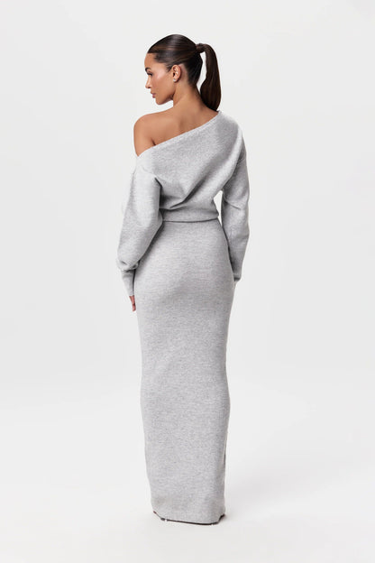 Off-shoulder gebreide maxi jurk met stretch – Elenya Modehuis-Nederland