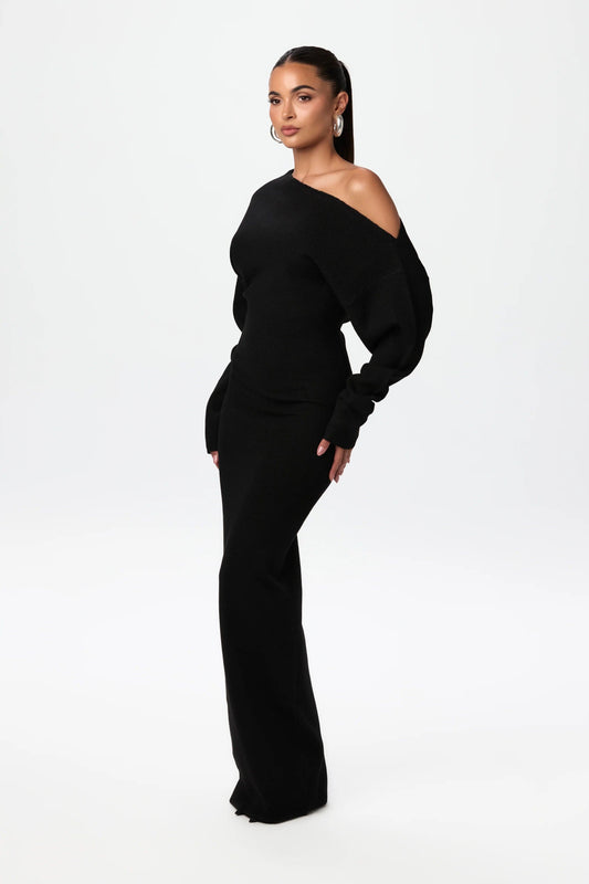 Off-shoulder gebreide maxi jurk met stretch – Elenya Modehuis-Nederland