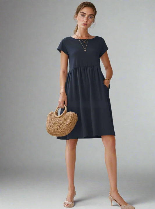 Grieteke | Zomerse Midi Jurk | Korte Mouwen Casual & Chic met Zakken Modehuis-Nederland