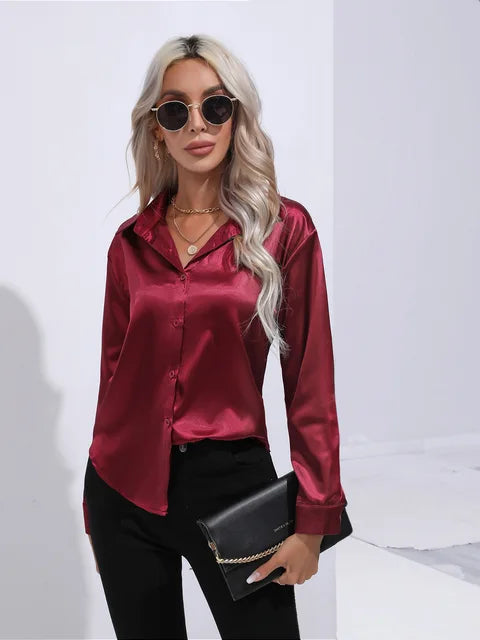 Women's Satin Button-Up Blouse - Long Sleeve Relaxed Fit - Classic Collar Elegant Dress Shirt Modehuis-Nederland