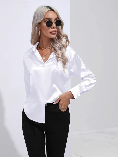 Women's Satin Button-Up Blouse - Long Sleeve Relaxed Fit - Classic Collar Elegant Dress Shirt Modehuis-Nederland