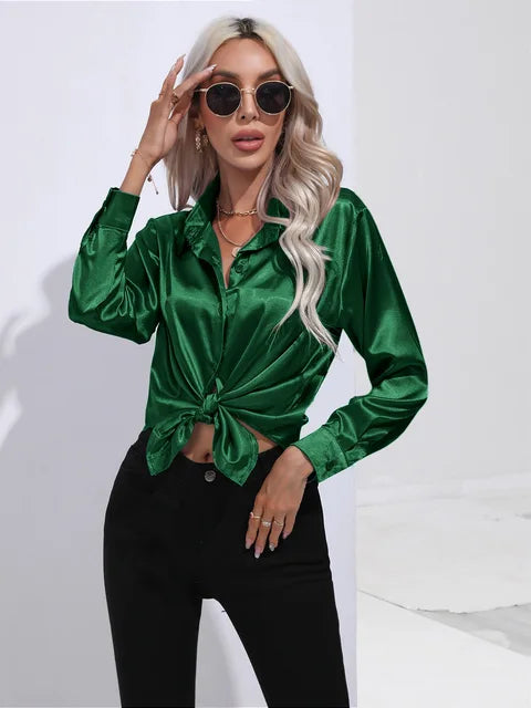 Women's Satin Button-Up Blouse - Long Sleeve Relaxed Fit - Classic Collar Elegant Dress Shirt Modehuis-Nederland