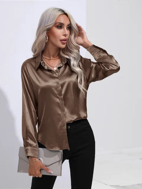 Women's Satin Button-Up Blouse - Long Sleeve Relaxed Fit - Classic Collar Elegant Dress Shirt Modehuis-Nederland