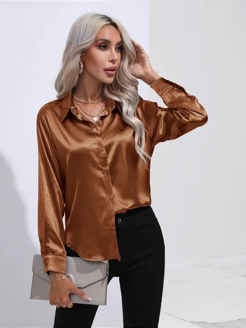 Women's Satin Button-Up Blouse - Long Sleeve Relaxed Fit - Classic Collar Elegant Dress Shirt Modehuis-Nederland