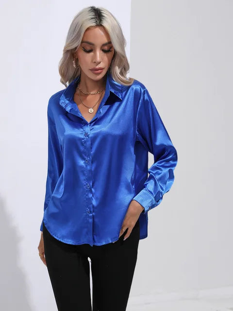 Women's Satin Button-Up Blouse - Long Sleeve Relaxed Fit - Classic Collar Elegant Dress Shirt Modehuis-Nederland