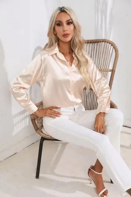Women's Satin Button-Up Blouse - Long Sleeve Relaxed Fit - Classic Collar Elegant Dress Shirt Modehuis-Nederland