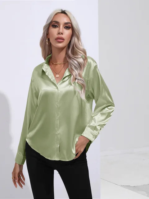 Women's Satin Button-Up Blouse - Long Sleeve Relaxed Fit - Classic Collar Elegant Dress Shirt Modehuis-Nederland